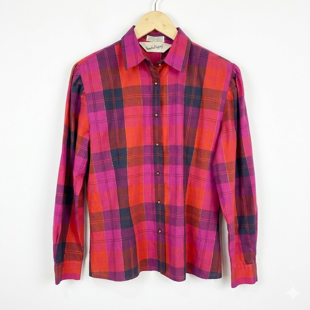 VTG Diane Von Furstenberg DVF 80s Plaid Metallic Gold Lurex Puff‎ Sleeve *FLAW*